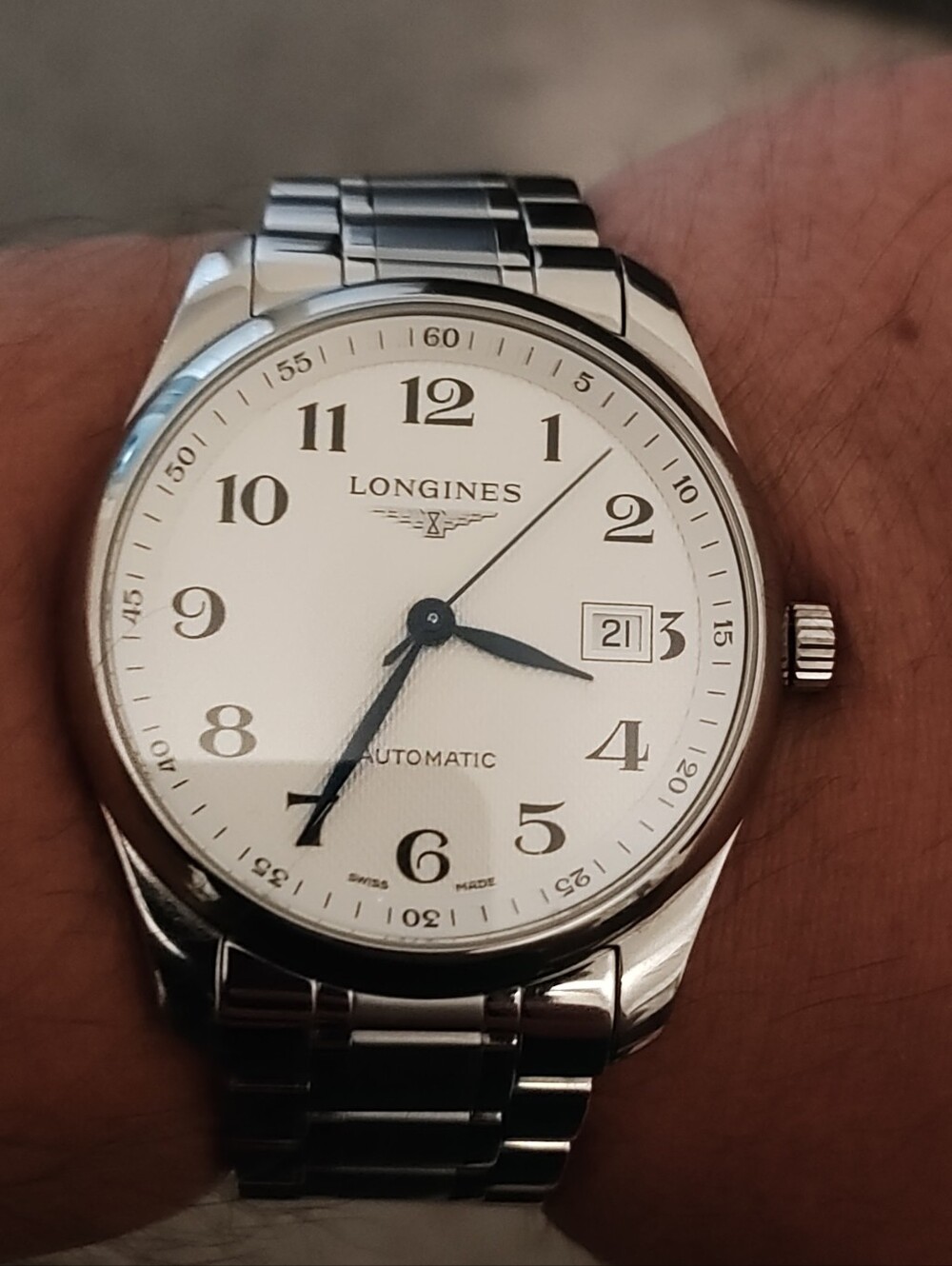 Longines Master Collection Watch in Silver and White With Blue Hands 40mm.